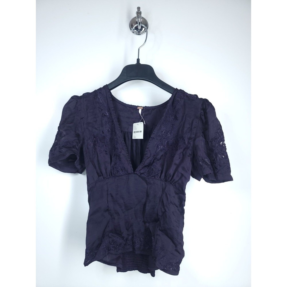 Free People Plunging V Neck Plum Purple Embroidered Women's XS Blouse NWT